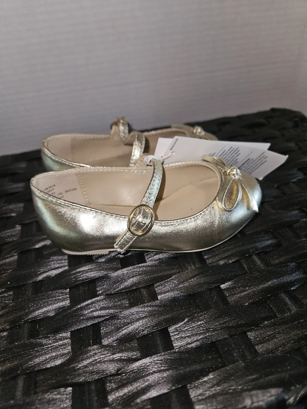 Janie and Jack Girls Metallic Gold Mary Jane Shoes with Bow Accent